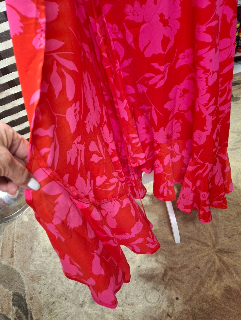 Tropical Floral Wrap Dress Maxi Pink Red Tie Waist Short Sleeve Women Size Small - Picture 10 of 14